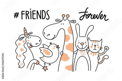 Five Happy Animal Friends Together And Forever Unicorn Bird Giraffe Bunny And Cat Illustration Cartoon Vector Poster Buy This Stock Vector And Explore Similar Vectors At Adobe Stock Adobe Stock