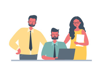 Wall Mural - Group of office workers. Team work concept. Young man is working on laptop. Other employees are standing near him. People icons. Funky flat style. Vector illustration.