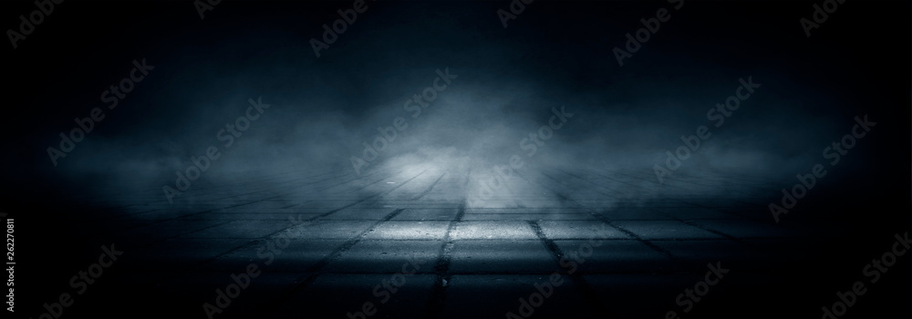 Dark street, night smog and smoke. Dark background of the night city, ray of light in the dark. Gloomy dark background. - obrazy, fototapety, plakaty 