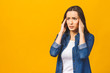 © denis_vermenko - Young beautiful woman over isolated background suffering from headache desperate and stressed because pain and migraine. Hands on head.