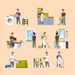 set men doing housework different housecleaning concepts collection male cartoon characters full length flat