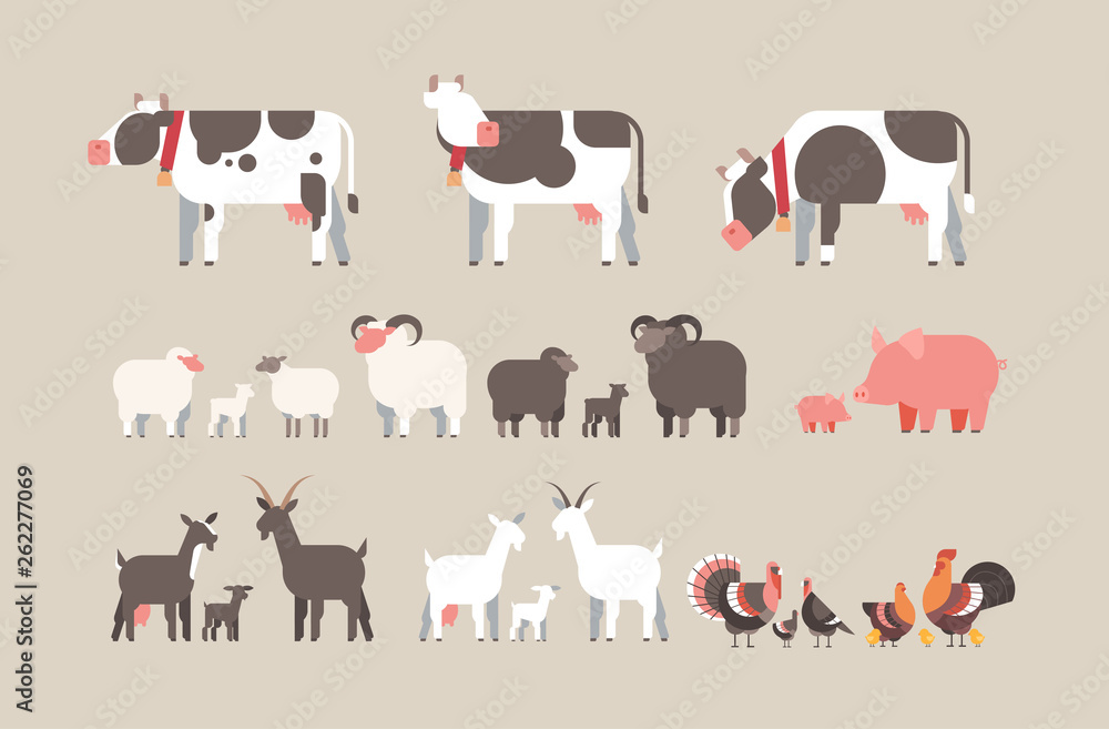 set farm animal cow goat pig turkey sheep chicken icons different ...
