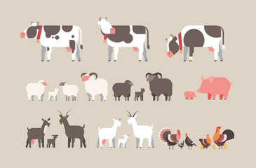 set farm animal cow goat pig turkey sheep chicken icons different domestic animals collection farmin