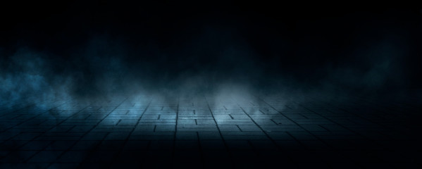 dark street, night smog and smoke neon light. dark background of the night city, ray of light in the