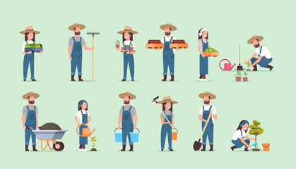 set male female farmers holding different farming equipment harvesting planting vegetables agricultural workers collection eco farming concept flat full length horizontal