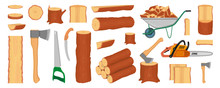 Set Of Wood Logs, Trunks, Stump And Planks. Woodcutter Or Lumberjack Tools. Forestry. Firewood Logs. Tree Wood Trunk. Wood Bark And Tree Log. Firewood And Crust. Firewood For Sale. Vector Graphics