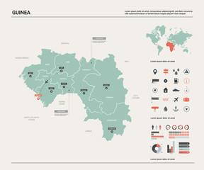  Vector map of Guinea.  High detailed country map with division, cities and capital Conakry. Political map,  world map, infographic elements.