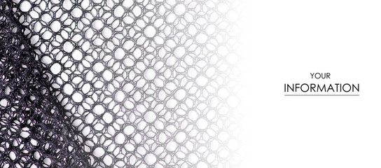 Black tracery mesh texture fabric macro pattern on a white background
