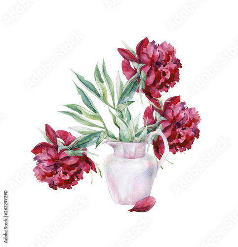 Watercolor set of pink peony flowers in a vase. Hand drawn floral illustratio...