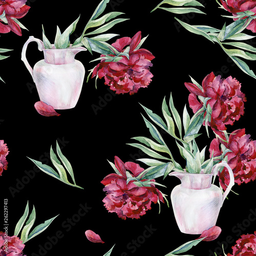 Watercolor seamless pattern of pink peony flower in a vase. Hand drawn floral...