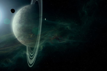 Wall Mural - science fiction space scene, planet with rings  and moons in bright star light astronomy background digital illustration (no NASA images used)
