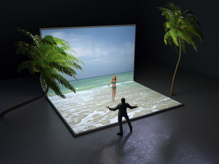 Wall Mural - businessman on a virtual sea beach