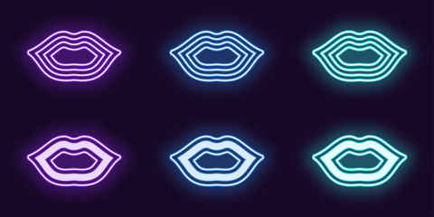 Wall Mural - Neon icon set of Woman lips. Vector glowing Lips