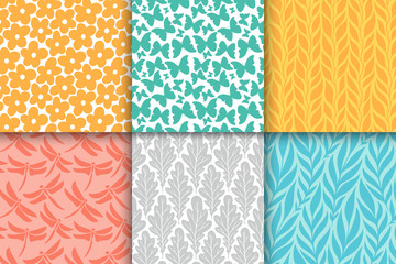 Wall Mural - abstract decorative doodle nature seamless patterns set. hand drawn silhouette flowers, branches, le