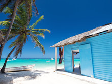 Typical Caribbean House Near Atlantic Ocean Beach With Coconut Palm Tree