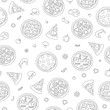 © Lexi Claus - Vector seamless pattern of black and white pizza. Repeat background with isolated monochrome pizza pieces, cheese, tomato, pepper, basil, mushroom, sausage