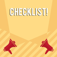 Handwriting text writing Checklist. Conceptual photo list items required things be done or points considered Blank Double Spotlight Crisscrossing Upward from Two Megaphones on the Floor