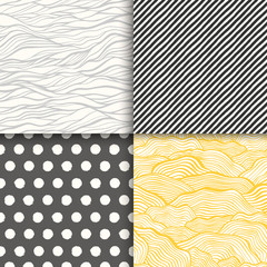 Wall Mural - Abstract hand drawn geometric simple minimalistic seamless patterns set. Polka dot, stripes, waves, random symbols textures. Vector illustration