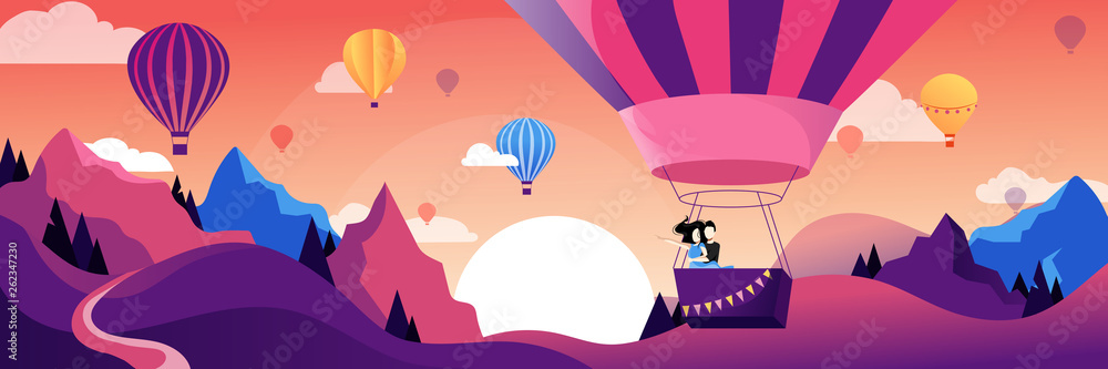 Couple flying hot air balloon above mountains. Air balloon festival vector flat illustration. Romantic summer travel - obrazy, fototapety, plakaty 