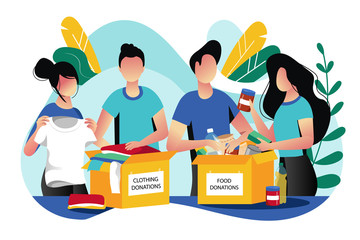 Food and clothes donation. Vector flat illustration. Social care and charity concept. Volunteer collect donations