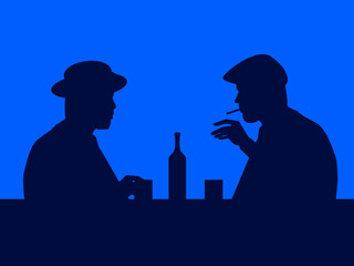 Two men drink whiskey in a bar. The contour of men in hats in retro style. Vector illustration