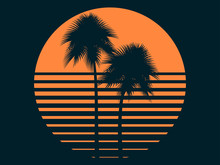 Tropical Palm Trees In The Sun. Summer Sunset. Print Design For T-shirt. Vector Illustration