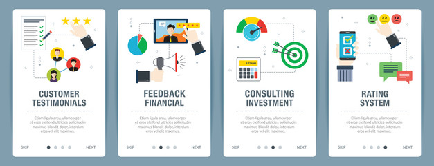 Wall Mural - Web banners concept in vector with customer testimonials, feedback financial, consulting investment and rating system. Internet website banner concept with icon set. Flat design vector illustration.