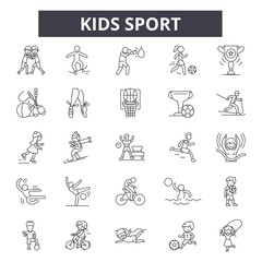 Kids sport line icons, signs set, vector. Kids sport outline concept illustration: sport,kid,activity,football,ball,cartoon,design