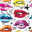 Seamless pattern with female lips. Makeup, cosmetics. Lovely smiles. Multicolored lips, female pattern. Drawing markers, pop art.