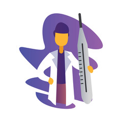 Sticker - Simple vector occupation illustration of a doctor in front of purple shape on white background