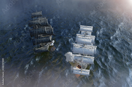 sea battle with a sailing pirate ship 3d,render