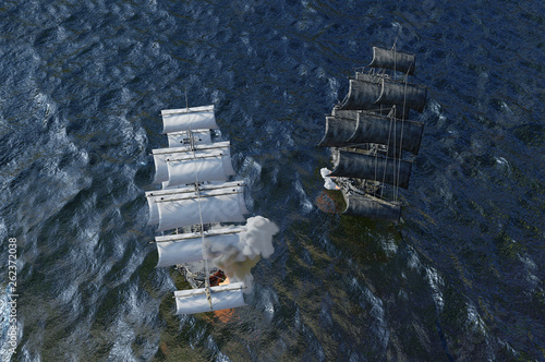 sea battle with a sailing pirate ship 3d,render