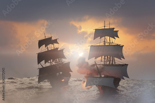 sea battle with a sailing pirate ship 3d,render