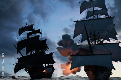 sea battle with a sailing pirate ship 3d,render