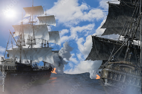 sea battle with a sailing pirate ship 3d,render