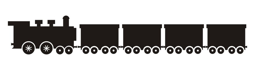 Wall Mural - Train set, steam locomotive and wagons. Vector illustration. Black illustration, steam engine and four wagons.