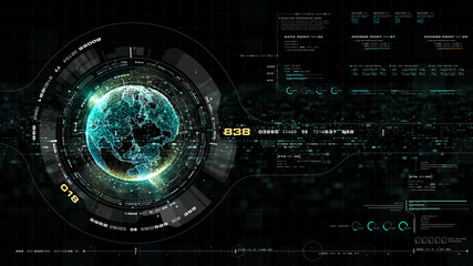 Aufkleber - Futuristic motion graphic user interface head up display screen with Holographic Earth and digital data telemetry information display for digital background computer desktop display screen