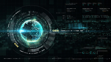 Fototapete - Futuristic motion graphic user interface head up display screen with Holographic Earth and digital data telemetry information display for digital background computer desktop display screen
