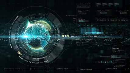 Poster - Futuristic motion graphic user interface head up display screen with Holographic Earth and digital data telemetry information display for digital background computer desktop display screen