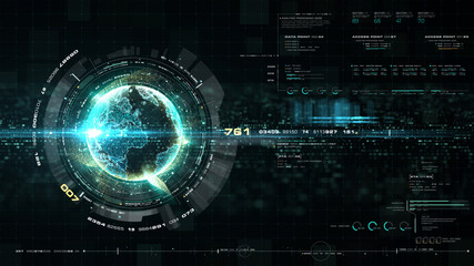 Fototapete - Futuristic motion graphic user interface head up display screen with Holographic Earth and digital data telemetry information display for digital background computer desktop display screen