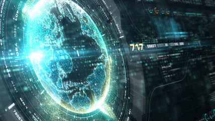 Leinwandbilder - Futuristic motion graphic user interface head up display screen with Holographic Earth and digital data telemetry information display for digital background computer desktop display screen