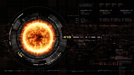 Leinwandbilder - Futuristic motion graphic user interface head up display screen with Holographic Sun Corona Particles and digital data telemetry information display for digital background