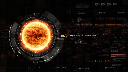 Poster - Futuristic motion graphic user interface head up display screen with Holographic Sun Corona Particles and digital data telemetry information display for digital background
