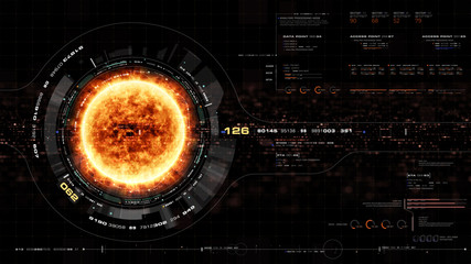 Leinwandbilder - Futuristic motion graphic user interface head up display screen with Holographic Sun Corona Particles and digital data telemetry information display for digital background