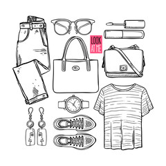 Sticker - Fashion collection of sketch girl clothing