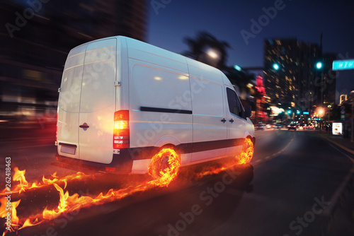 Super fast delivery of package service with van with wheels on fire Poster Mural XXL