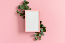 Border Frame Made Of Eucalyptus Branches And Photo Frame Mockup