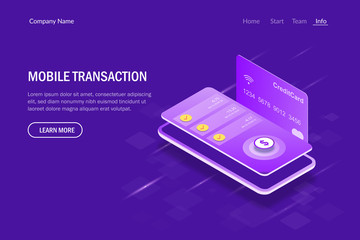 Mobile Transaction Isometric Concept. Payment for services using a mobile phone. Financial operations with a bank card. Editable vector illustration.