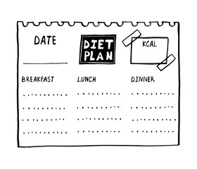 Vector cartoon illustration of nutrition plan. Hand drawn diet plan in doodle style for breakfast, lunch and dinner. Healthy meal concept for weight loss, calories count in Kcal.