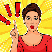 Exclamation Point And Surprised Woman. Colorful Vector Illustration In Pop Art Retro Comic Style